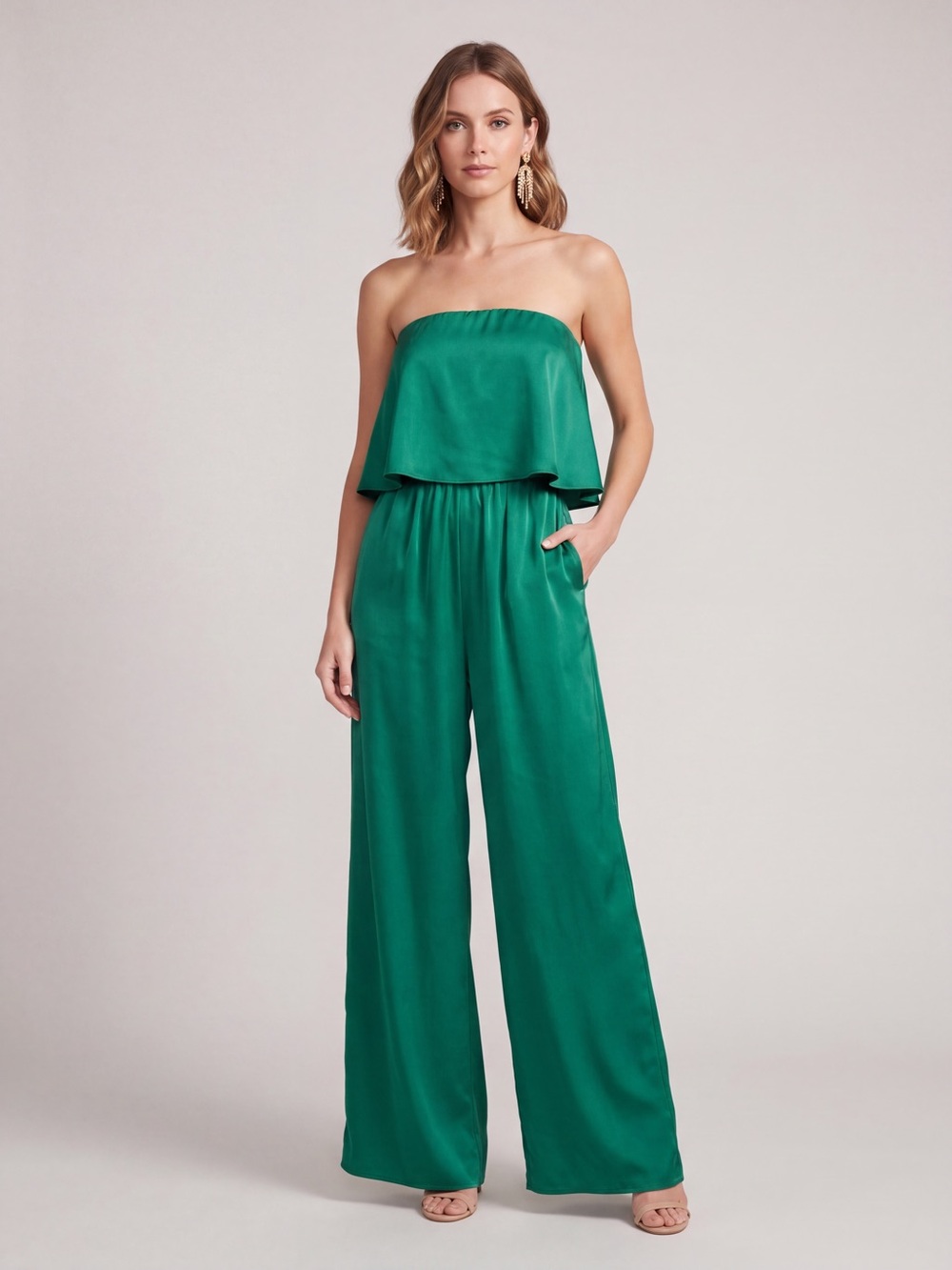 Tyche Emerald Green Strapless Wide Leg Cascade Jumpsuit Popover cocktail attire